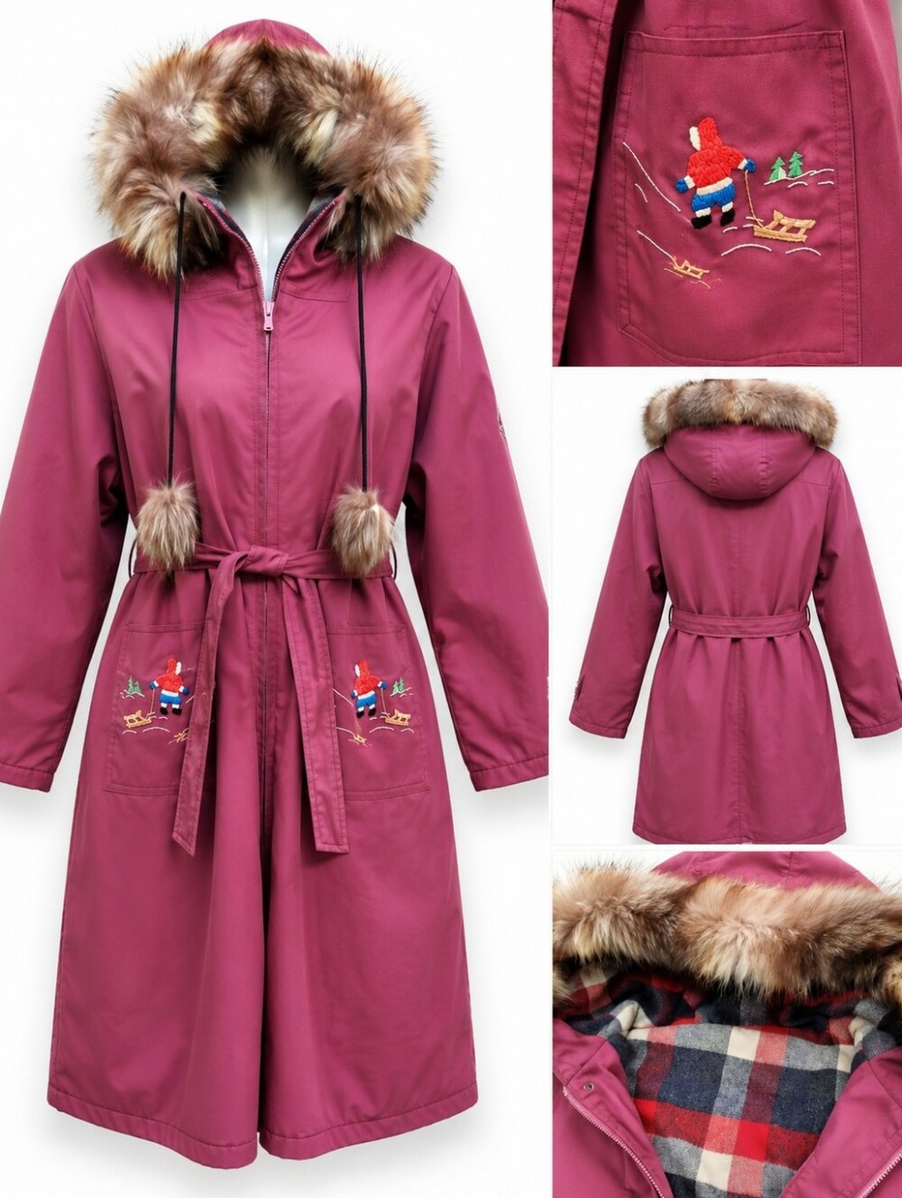 Vintage Hooded Parka Faux Fur Trim Plaid Lined Embroidered Belted CoatM- XL